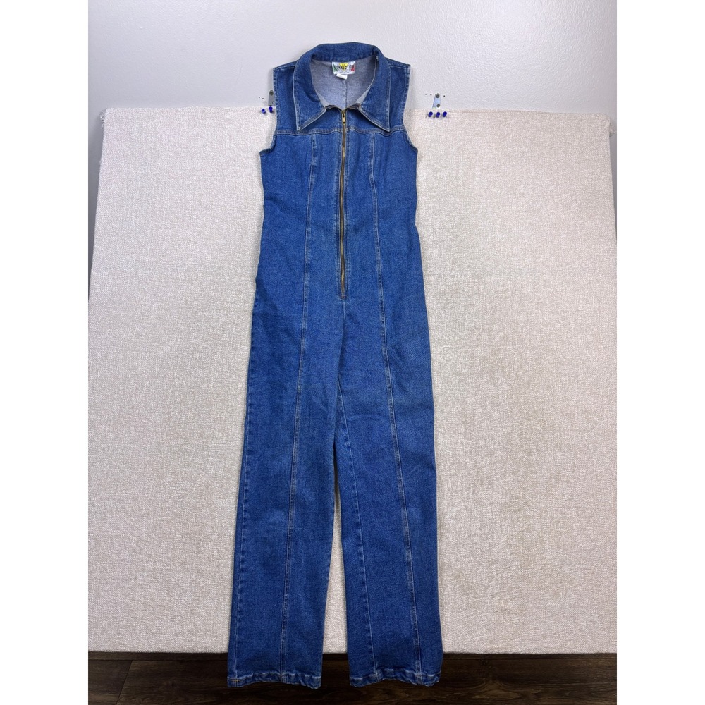 Vintage LA Connection Denim Jumpsuit Sleeveless Zip Front Ring Belt Blue Small